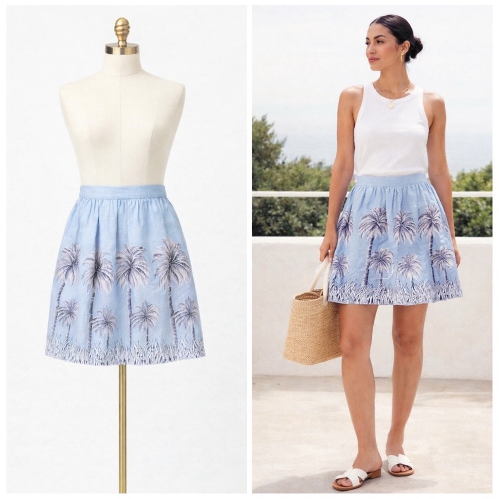 J. Crew Blue Linen Pastel Skirt in Palm Tree Print Women’s Sz 6 Tropical